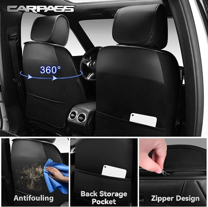 CAR PASS Luxury Nappa Leather Car Seat Covers Full Set, 3D Rhombus Waterproof Premium Leather Seat Covers, Universal Automotive Seat Cushion Fit for Sedan SUV Truck Van, Airbag Compatible Solid Black