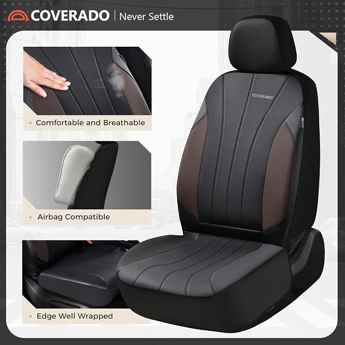 Coverado Car Seat Covers， 2 Front Seats Waterproof Nappa Leather Automotive Seat Protectors, Front Luxury Mesh Seat Covers, All-Weather Universal Fit for Most Cars SUVs, Trucks, Coffee&Black