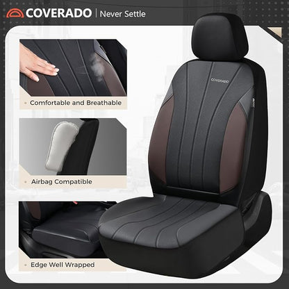 Coverado Car Seat Covers， 2 Front Seats Waterproof Nappa Leather Automotive Seat Protectors, Front Luxury Mesh Seat Covers, All-Weather Universal Fit for Most Cars SUVs, Trucks, Coffee&Black
