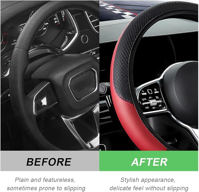 DXNQ Car Steering Wheel Cover, 15 Inch Carbon Fiber Leather Stitching Color Steering Wheel Protector, Anti-Slip Elastic Breathable Steering Wheel Cover Stylish Decor for Most Cars (Black&Red, AD)