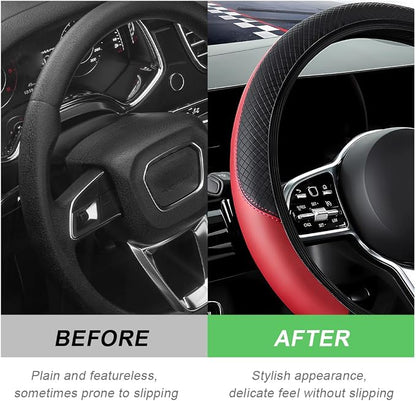 DXNQ Car Steering Wheel Cover, 15 Inch Carbon Fiber Leather Stitching Color Steering Wheel Protector, Anti-Slip Elastic Breathable Steering Wheel Cover Stylish Decor for Most Cars (Black&Red, AD)