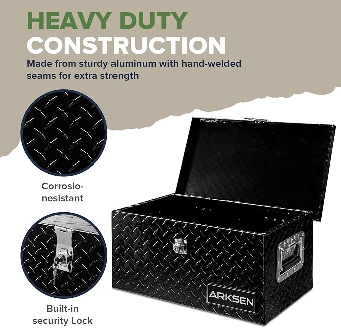 ARKSEN 20 x 12 x 10 Inch Diamond Plate Truck Bed Tool Box, Heavy Duty Waterproof Aluminum Storage Chest with Side Handle & Lock for Pickup Truck Bed, RV & Trailer Black
