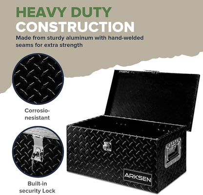 ARKSEN 20 x 12 x 10 Inch Diamond Plate Truck Bed Tool Box, Heavy Duty Waterproof Aluminum Storage Chest with Side Handle & Lock for Pickup Truck Bed, RV & Trailer Black