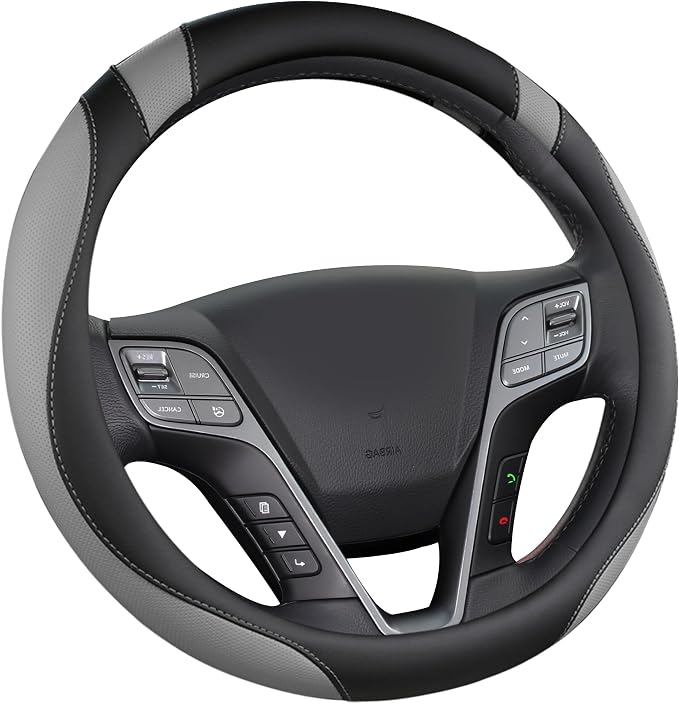West Llama Customized Auto Car Steering Wheel Cover for Hyundai,Tucson,Sonata,Elantra,Santa Fe,Genesis,Sonata Hybrid,Azera,Venue,Kona, 14.5-15 inches(Black+Gray - Standard Size)