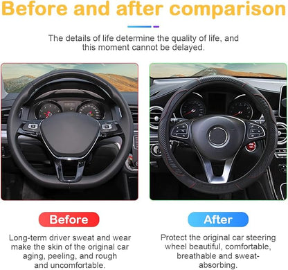 Osilly Car Steering Wheel Cover, 15 inch Carbon Fiber Microfiber PU Leather Elastic Steering Wheel Protector for Men Women, Anti-Slip Breathable Car Interior Accessories for Most Cars (Black)