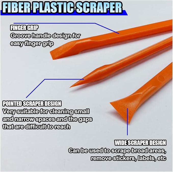 3PCS Plastic Scraper Tool - Multi-Purpose Non-Scratch Scrapers Cleaning Tool for Tight Spaces - Pen-Shaped Label Sticker Remover Scraper for Car Detailing Kitchen Crevices Gaps (Orange)