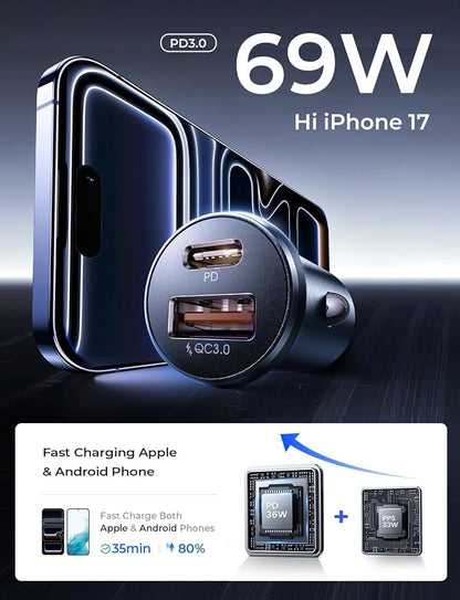 LISEN Car Charger USB C, 69W Cigarette Lighter USB Charger Adapter, Car Accessories Gifts for Men, Mini USBC Cars Fast Charging Adapter USBC Type C 12V Plug Outlet, for iPhone 17 Pro Max 16 15 14 13