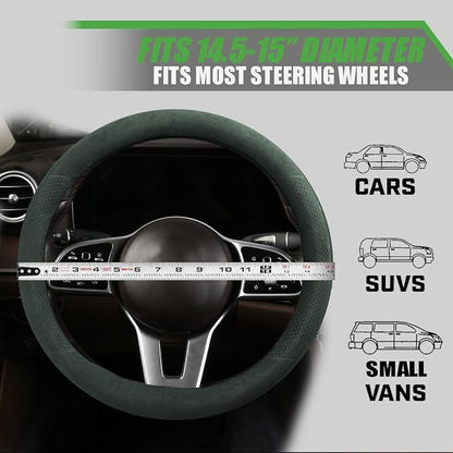 Suede Steering Wheel Cover with Upgraded Silicone Inner Ring, Breathable, Anti-Slip, Leather Universal 14.5 to 15 Inch Steering Wheel Cover (Green with Embossing Pattern)