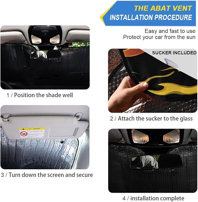 Windshield Sun Shade Yellow Orange Fire Flames Front Window Block UV Shades Visor Reflective Retractable for Car SUV Trucks
