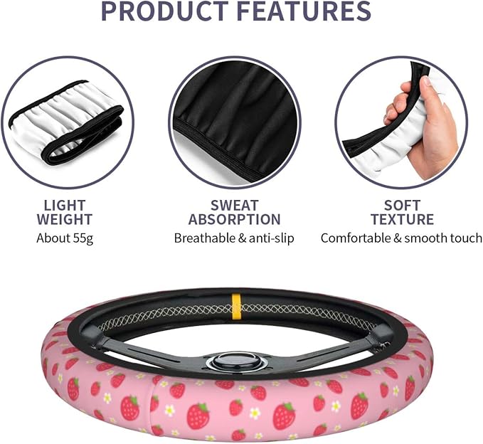 Strawberry Steering Wheel Cover Universal 14.5-15 Inch Car Wheel Protector Anti-Slip Car Steering Wheel Accessories for Women Girls