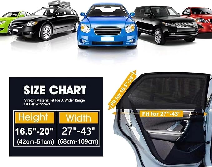 Car Rear Side Window Shades,2 Pack Breathable Mesh Car Window Screens Sun Shades Covers for Camping,Fit for 96% of Cars, Block Sun Glare,UV Protection,Privacy Protection