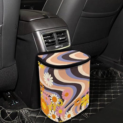 Boho Flower Hippie Daisy 70S 80S Wavy Swirl Y2K Aesthetic Car Accessories for Women Car Trash Can for Back of Seat Leak Proof Garbage Can with Lid and Zipper Collapsible Trash Bin Hanging