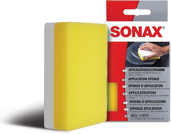 SONAX Application Sponge 417300 | Dual-Sided Detailing Applicator for Wax, Sealant, Polish & Tire Gel | Durable Foam with Ergonomic Grip | Ideal for Paint, Trim, Rubber & Plastics | 4” x 5”