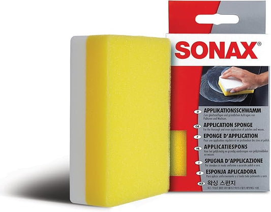 SONAX Application Sponge 417300 | Dual-Sided Detailing Applicator for Wax, Sealant, Polish & Tire Gel | Durable Foam with Ergonomic Grip | Ideal for Paint, Trim, Rubber & Plastics | 4” x 5”