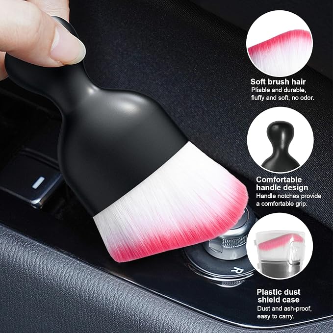 Ziciner Car Detailing Brush, Curved Soft Bristles Auto Removal Dust Collectors, Universal Vehicle Dashboard, Air Conditioner Vents etc Interior Cleaning Tool Accessories (White/Red)