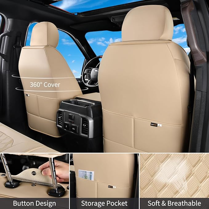 Huidasource F250 Front Seat Covers, 360° Full Coverage Leather Car Seat Protector Fit for Ford F150 2015-2025&F250 F350 F450 2017-2025 All Cab XL XLT Lariat King Ranch Platinum (Front Pair/Beige)