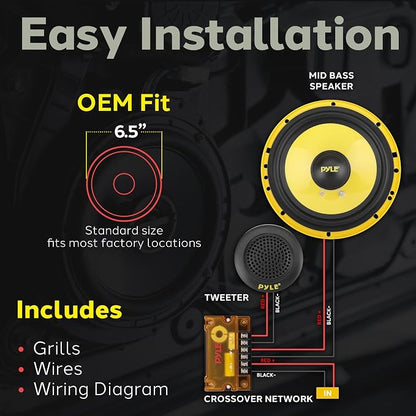 Pyle 2 Way Custom Component Speaker System-6.5” 400 Watt,with Electroplated Plastic Basket,Butyl Rubber Surround&40 Oz Magnet Structure-Wire Installation Hardware Set Included-PLG6C,Yellow (Pack of 4)