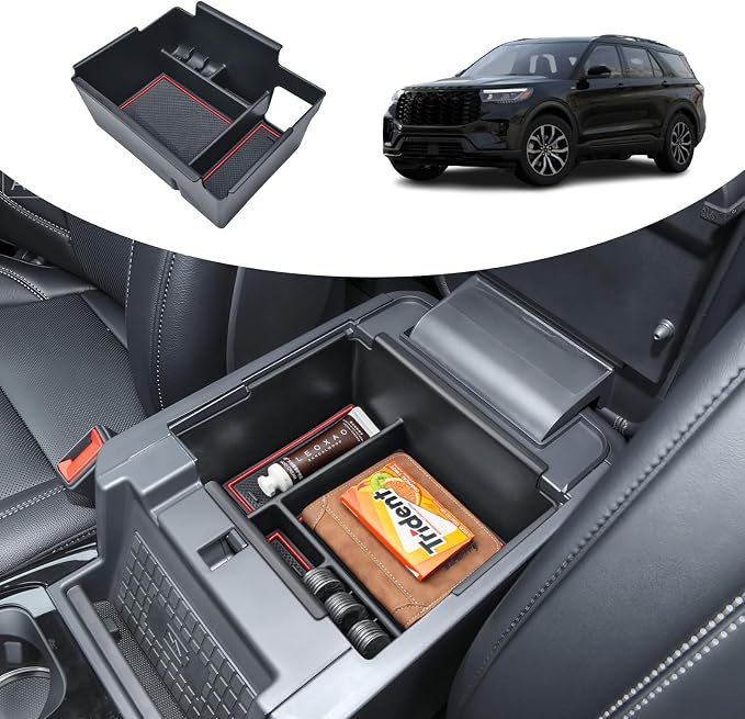 2020-2025 2026 Ford Explorer Console Organizer Tray Compatible with 2020+ Explorer Accessories, Easy Access to Charging Port, Armrest Storage Box with Coin Holder & Rubber Mats, Red Trim