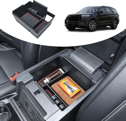2020-2025 2026 Ford Explorer Console Organizer Tray Compatible with 2020+ Explorer Accessories, Easy Access to Charging Port, Armrest Storage Box with Coin Holder & Rubber Mats, Red Trim