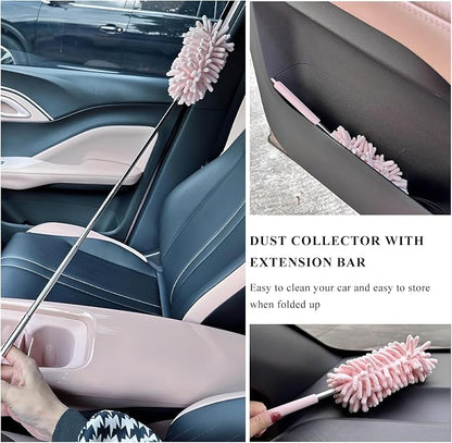 2PCS Car Interior Duster with Extension Pole, 11.8" to 30.5" Retractable Dusters Auto Dash Cleaning Tool, Soft Chenille Hand Washable Dusters for Car Window Furniture Office (Khaki)