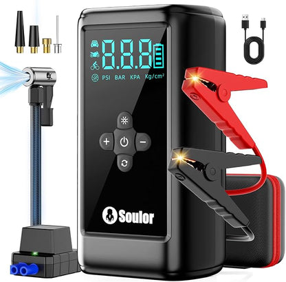 Jump Starter with Air Compressor car Jumper Starter Portable | 7000A Car Battery Jump Starter with 160PSI Portable Tire Inflator, LED Light, Case (All Gas/14L Diesel)