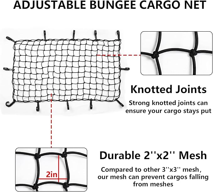Funmit 22"x38" Cargo Net Stretches to 44"x76", Latex Bungee Cargo Net with 2"X2" Small Mesh and 12 Adjustable Plastic Hooks, for Car ATV Boat SUV Van Trailer Snowmobile (Black)