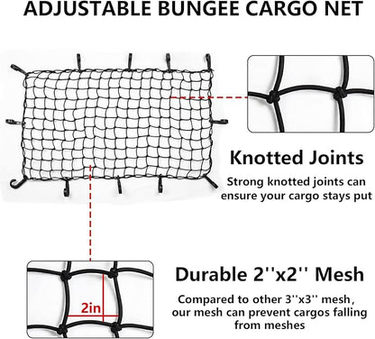 Funmit 22"x38" Cargo Net Stretches to 44"x76", Latex Bungee Cargo Net with 2"X2" Small Mesh and 12 Adjustable Plastic Hooks, for Car ATV Boat SUV Van Trailer Snowmobile (Black)