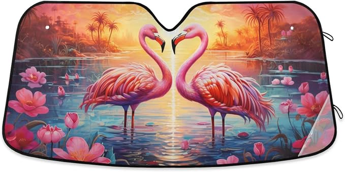 Windshield Sun Shade Flamingos Sunset Front Window Block UV Shades Visor Reflective Retractable for Car SUV Trucks