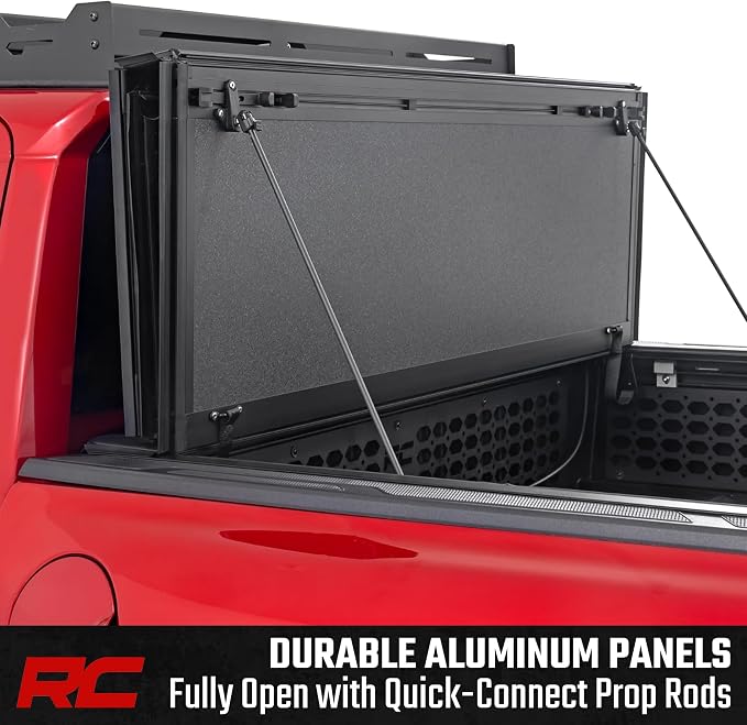 Rough Country Hard Tri-Fold Flip Up Tonneau Cover for Toyota Tacoma (2024-2026) - Flush Aluminum Bed Cover, Fits 5' Bed w/Utility Rail System