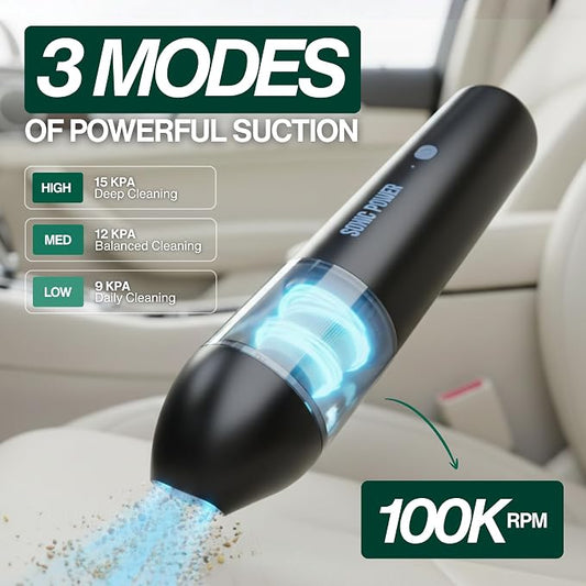 SonicPower Portable Cordless Car Vacuum, 15000Pa High Suction Handheld Vacuum Cleaner, 2-in-1 Vacuum & Blower, with 4 Attachments & Portable Storage Bag for Car, Home, Pet & Office (Black & Blue)