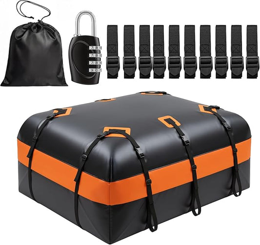 Car Rooftop Cargo Carrier Bag, 21 Cubic Feet Waterproof Heavy Duty Roof Bag with 8 Reinforced Straps & Combination Lock, Soft Shell PVC Car Top Luggage Carrier for SUV Truck RV, Travel Camping Storage