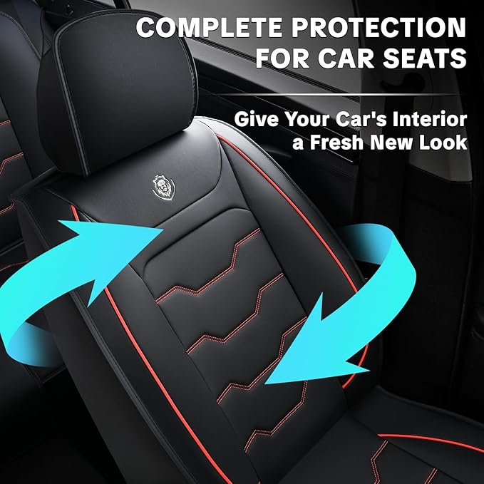 Car Seat Cover Full Set Sets, Universal Car Seat Covers for Cars, Premium Waterproof Leather, Protect & Upgrade Car Interior, Compatible with Airbags, Easy to Install & Clean Up