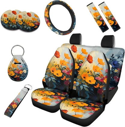 Aesthetic Floral 10 Pcs Car Seat Covers Full Set, Oil Painting Shirley Flower Breathable Front Rear Seat Cover Flower Field Interior Protector for Car Truck SUV, Universal Fit