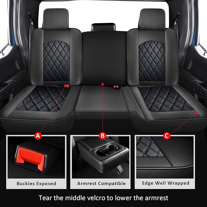 MIROZO Dodge Ram Seat Covers Full Set,Waterproof Truck Seat Covers Fits for 2009-2026 Ram 1500/2500/3500 Crew Quad Regular Cab Pickup Cushions with Split Curved Bench 40/60,Black and Blue