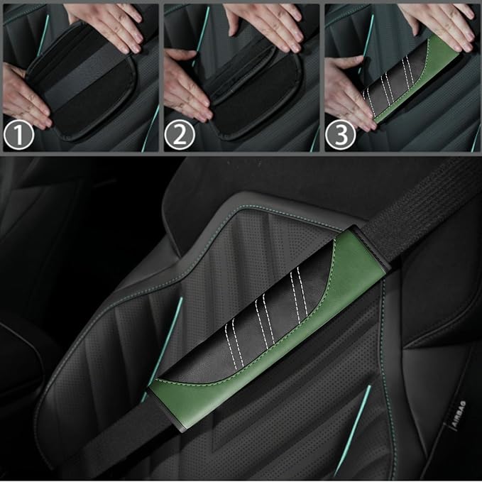 NBTEPEM 10 Pcs Car Floor Mats Full Set & Sport Leather Steering Wheel Cover 14.5-15 inch, Center Console Cover, Seat Belt Cushion, Cup Holder Coaster, Universal Automobile Interior Sets (Green)