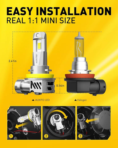 AUXITO H11 LED Bulbs, 60000LM 900% Super Bright, 60000+ Hours Life Service, 6500K Cool White, 1:1 Mini Size Wireless H8 H9 Fog Light Halogen Replacement, Plug & Play, Pack of 2