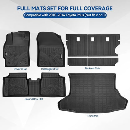 Custom Fit Floor Mats for Toyota Prius 2010-2014 (Not fit V or C), All Weather TPE Floor Liners with Trunk Mat & Backrest Protectors, Odorless Full Set Interior Accessories