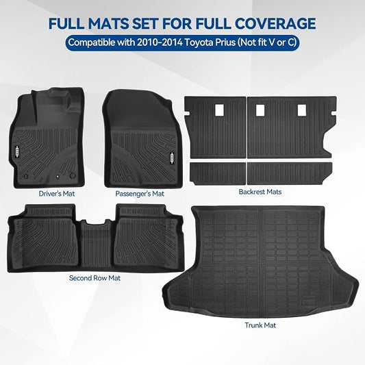 Custom Fit Floor Mats for Toyota Prius 2010-2014 (Not fit V or C), All Weather TPE Floor Liners with Trunk Mat & Backrest Protectors, Odorless Full Set Interior Accessories