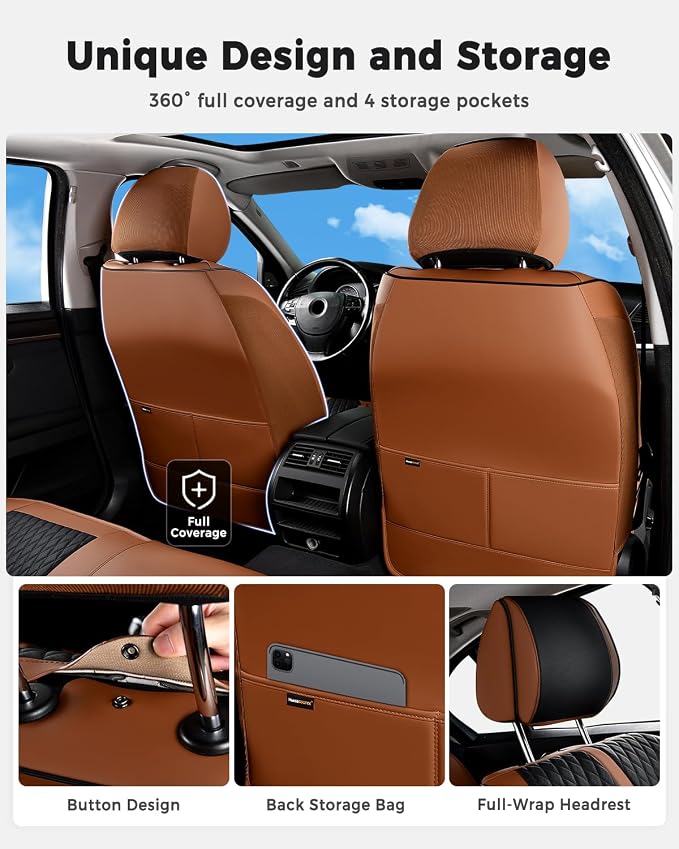 Huidasource Front Seat Covers, Luxury Nappa Leather Driver Seat Cover with Airbag, Lumbar Support, Cooling＆Heating, Seatbelt Buckles, Front Seat Cover Universal Fit for Most Cars SUV Trucks, Brown