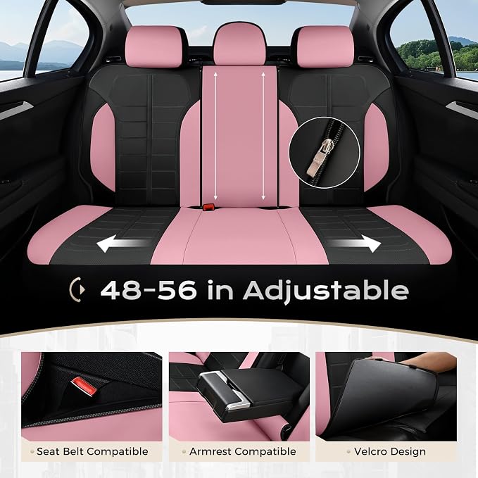 Coverado Front and Back Seat Covers for Cars Leather Car Seat Cover Full Set 5 Seats Waterproof Seat Protector Automotive Seat Covers Universal Fit for Most Cars SUV Trucks, Pink&Black
