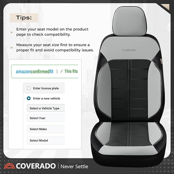 Coverado Leather Seat Covers Car Seat Cover Full Set Automotive 5 Seats Waterproof Car Seat Protectors Universal Fit for Most Cars SUV Trucks, Gray&Black