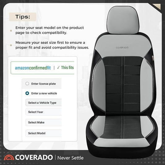 Coverado Front Seat Covers 2 Pieces Universal Seat Cover for Cars Breathable Leather Waterproof Car Seat Cover Driver Seat Cover Automotive Car Seat Cushion Fit for Most Cars SUV Trucks, Gray&Black
