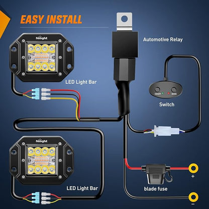 Nilight 2PCS 42W Light Pods Flush Mount Spot Flood Amber White Strobe 6 Modes Memory Function for Fog&Snow Off-Road Truck Car ATV JEEP Cabin Boat with 16AWG Wiring Harness Kit-2 Leads
