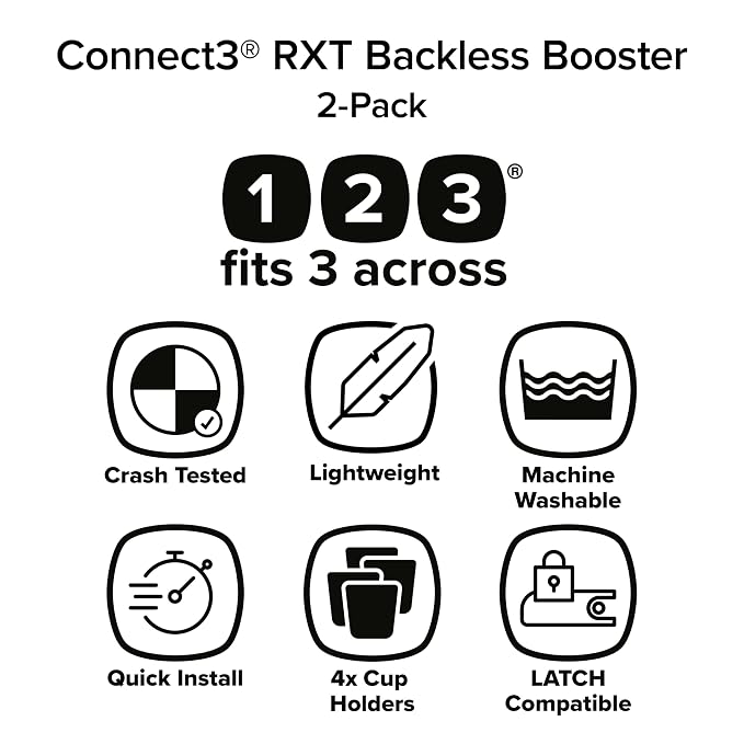 Diono Connect3 RXT Backless Booster, Pack of 2, Slim Fit 3-Across in Many Mid-Sized Sedans and SUVs, for Children from 40-120 lbs., Lightweight with Latch connectors, Black Storm