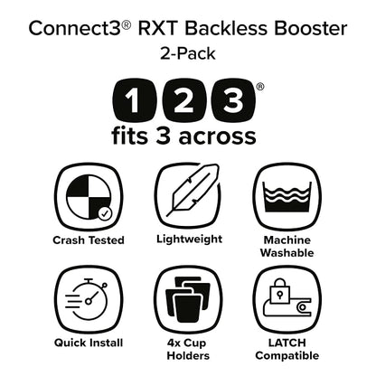 Diono Connect3 RXT Backless Booster, Pack of 2, Slim Fit 3-Across in Many Mid-Sized Sedans and SUVs, for Children from 40-120 lbs., Lightweight with Latch connectors, Black Storm