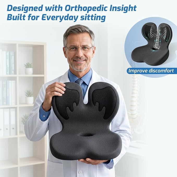 Seat Cushion,Office Chair Cushion with Lumbar Support,Memory Foam Car Orthopedic Cushion,Ergonomic Designed for Long Sitting,Tailbone & Back Pain Relief,Sciatica Pillow for Office,Car,Home Chair