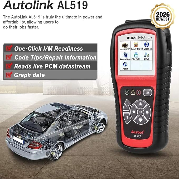 Autel AutoLink AL519 OBD2 Scanner, Professional Mechanic OBDII & CAN Car Diagnostic Scan Tool, Code Reader for Check Engine Light, One-Click Smog Check, DTCs Lookup, Upgraded Ver. of AL319/ MS309