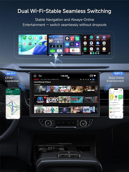Wireless CarPlay & Android Auto Adapter, Supports for Netflix/YouTube, AI Box Carplay, Drivechat with AI Skills, Dual WiFi, Bluetooth, Fits for OEM Wired CarPlay Cars