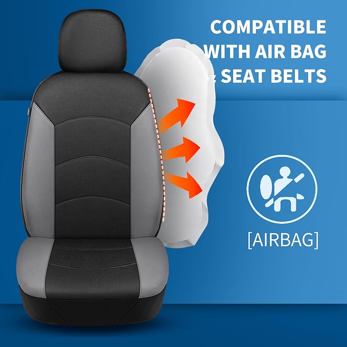 HChengkikz Car Seat Covers Front Seat, Waterproof Neoprene Car Seat Covers, Airbag Compatible, All Season Protection Universal Fit Most Cars, Trucks, SUVs (Black + LightGray)