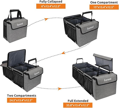 Collapsible Trunk Organizer with Insulated Leakproof Cooler Bag,Removable Lid,Adjustable Securing Straps,3 Compartments Trunk Organizer for SUV,Truck,Sedan(Light Grey)